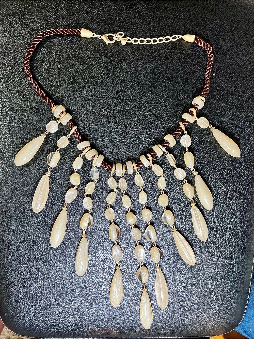 Vintage Cream Glass Bead Fringe Statement Necklace Boho Waterfall Bib - Picture 2 of 5